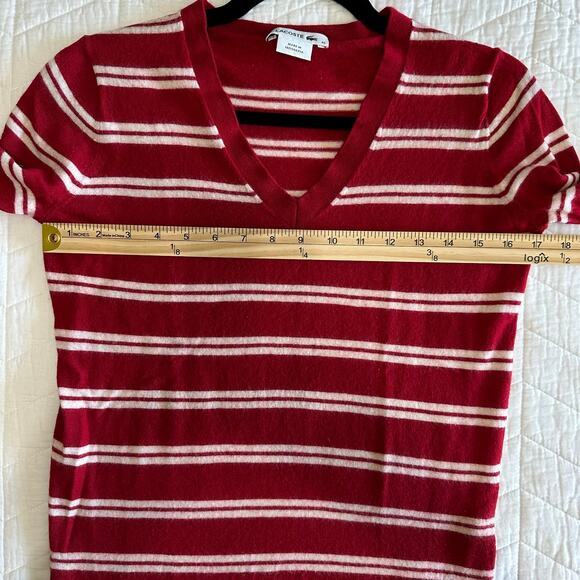 Lacoste Women's Long Sleeve V-neck Striped Sweater Merino Wool Red Cream Size M - Picture 11 of 12